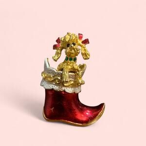 Vintage Holiday Brooch MYLU signed gold and red poodle Christmas stocking